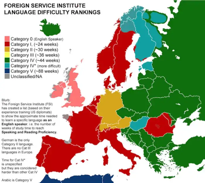 mapa trudności nauki język&oacute;w dla Polak&oacute;w